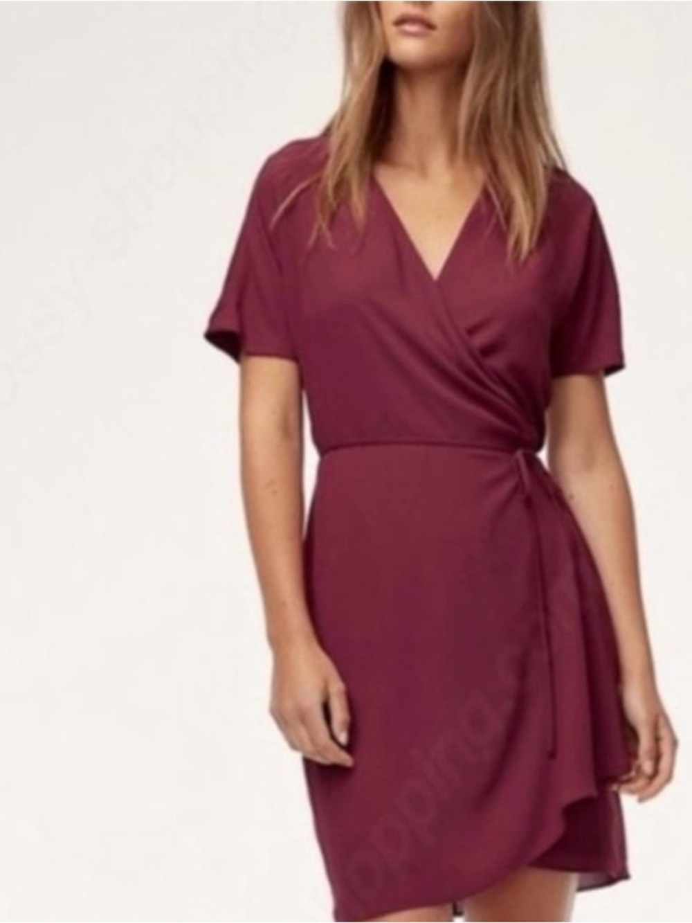Aritzia Burgundy Short Sleeve Wrap Mini Dress